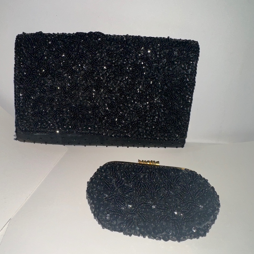 La Regale Vintage Black Beaded Evening Clutch Bags Set  Satin & Bead